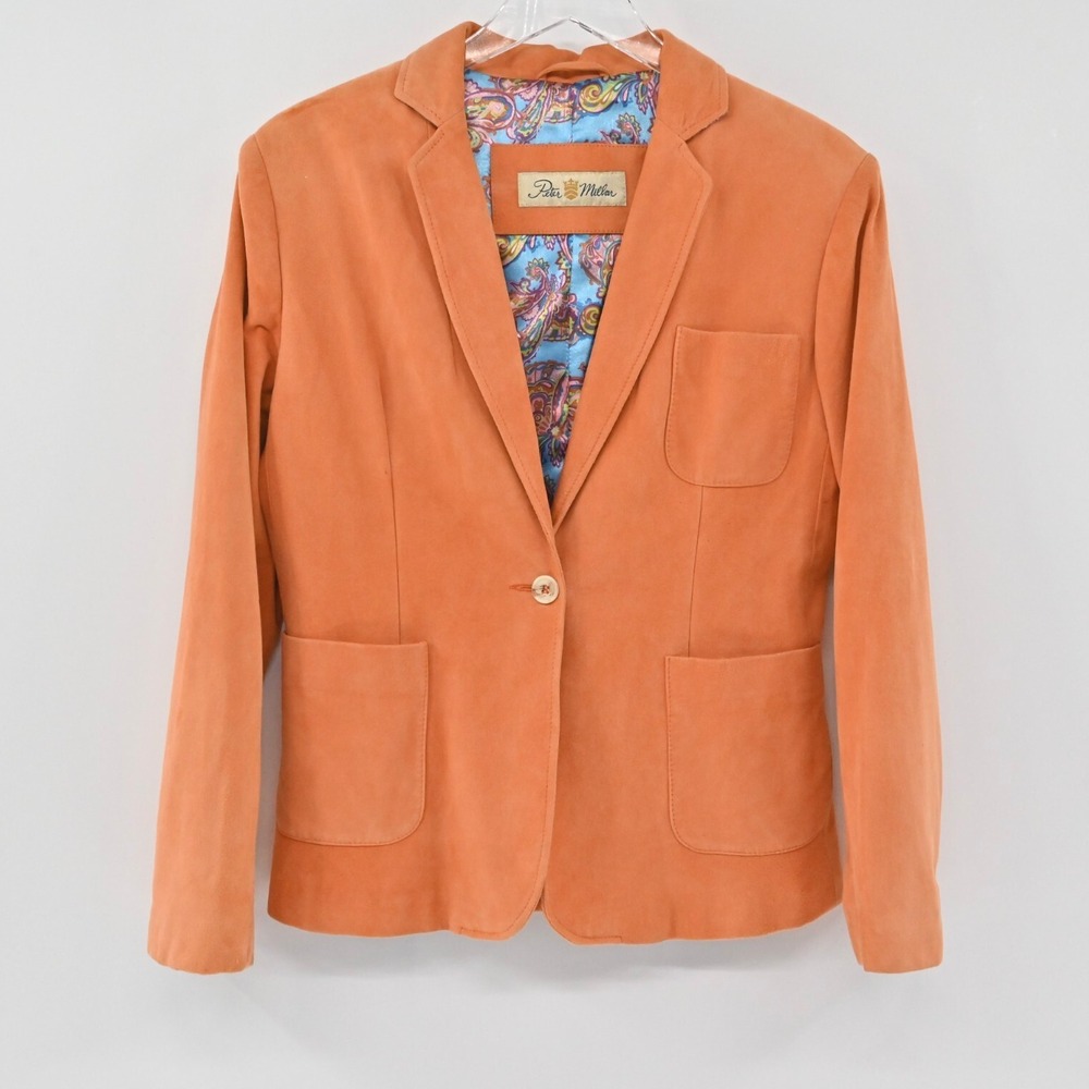 PETER MILLAR Womens Suede Blazer Size M Orange Leather Bohemian Paisley Jacket